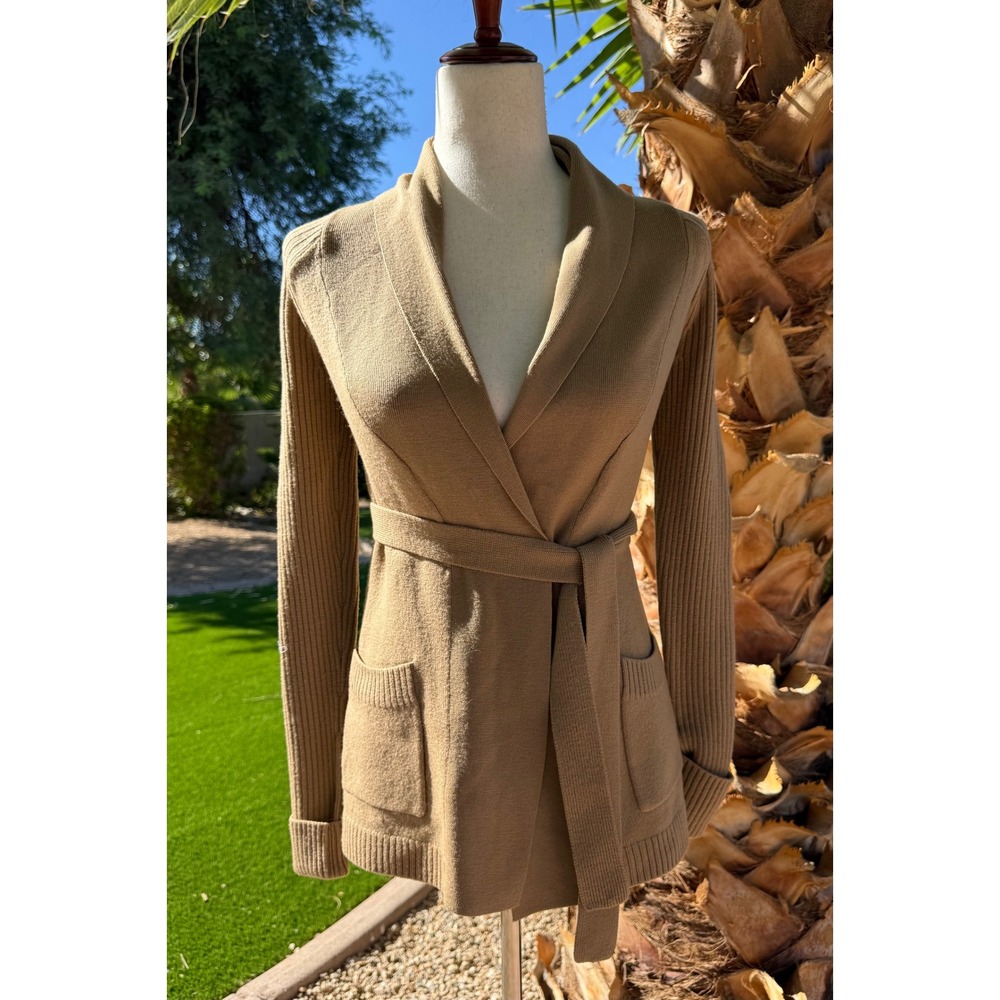 Trina Turk 100% Merino Wool Belted Cardigan Sweater Camel Tan Ribbed Sleeve XS/S
